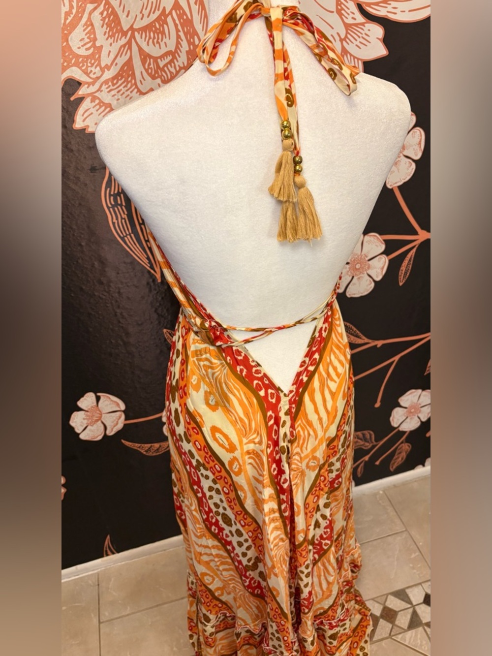 BEAUTIFUL Silk Halter Maxi Dress Open Back Orange Red Boho Resort Dress - Picture 7 of 9